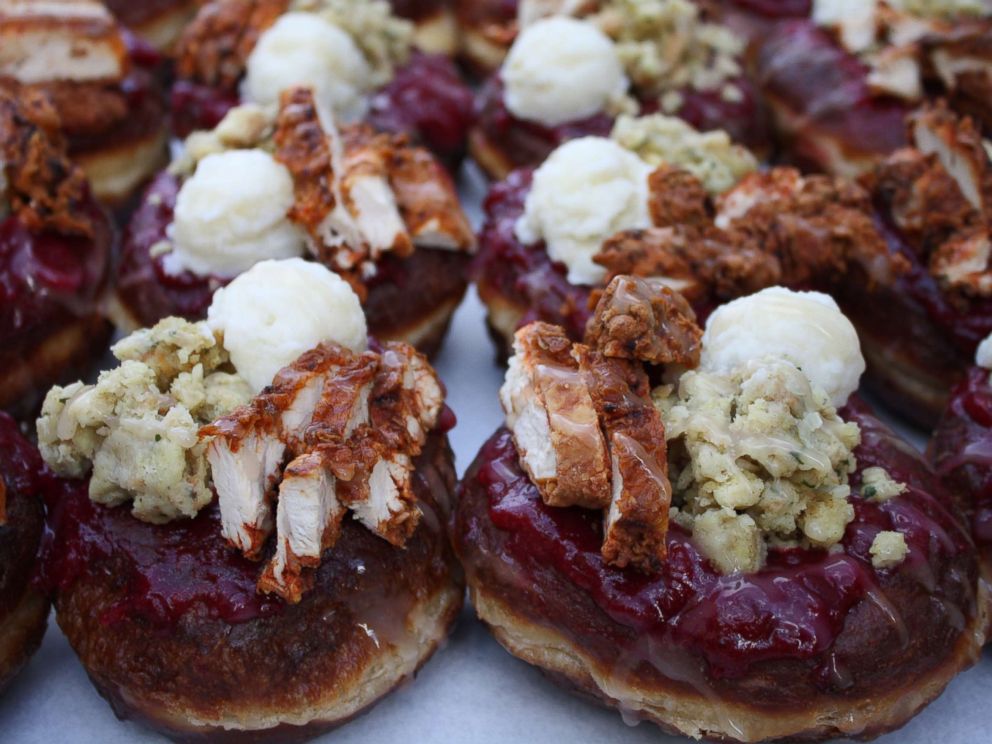 PHOTO: The donut features cranberry glaze, fried chicken, mashed potatoes, gravy and stuffing.