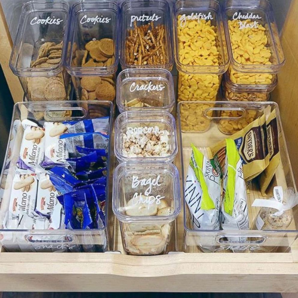 PHOTO: Snacks organized by type and in labeled containers are pictured here.