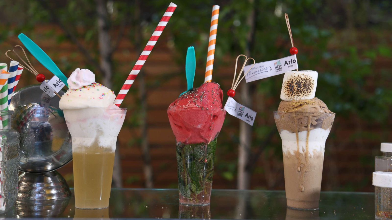 PHOTO: Three Muddling Memories cocktails made with Tipsy Scoop boozy ice cream at Arlo SoHo in New York City.