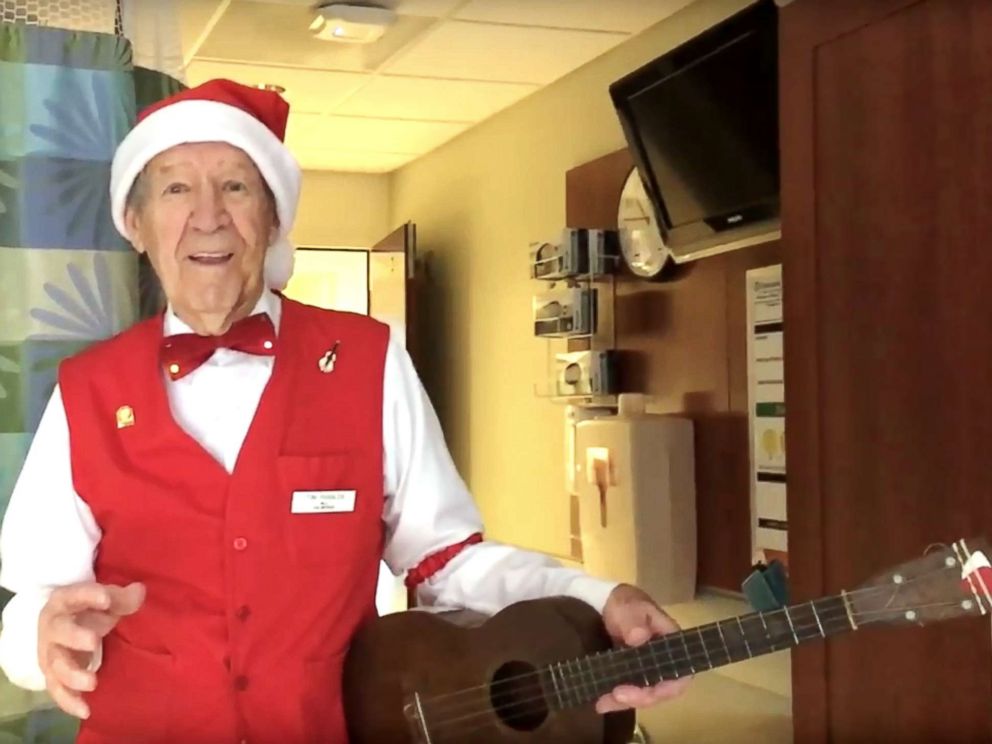 PHOTO: Tom Ruggles, 89, has been singing and playing his ukulele to patients at Emerson Hospital in Concord, Mass. for at least 14 holiday seasons.
