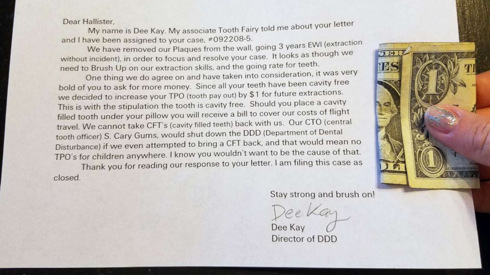 Boy gets hilarious letter from tooth fairy after asking to increase his $1  to $5 - ABC News