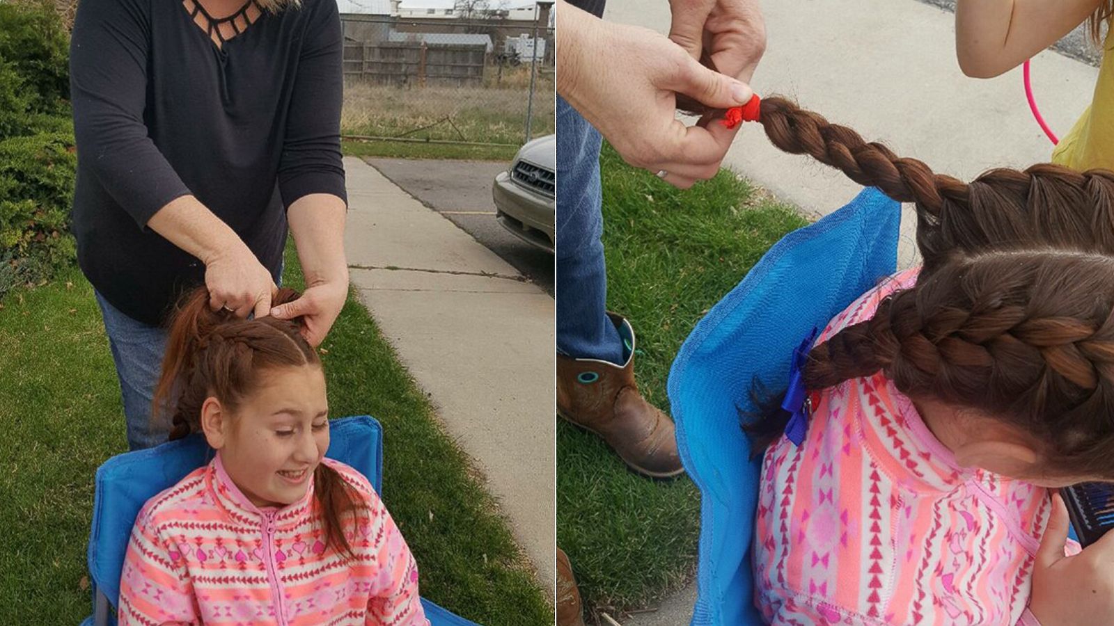 PHOTO: Tracy Dean, 47, who has been driving the bus at Alpine School District in Utah for 10 years now, braids 11-year-old Isabella Pieri's hair each day before school.