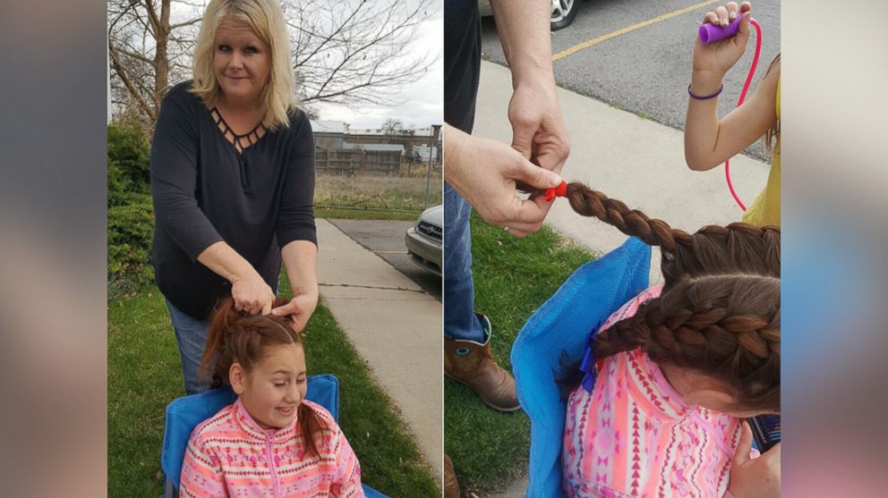 Tracy Dean, 47, a driver at Alpine School District in Utah, styles the hair of Isabella Pieri, 11, each day.