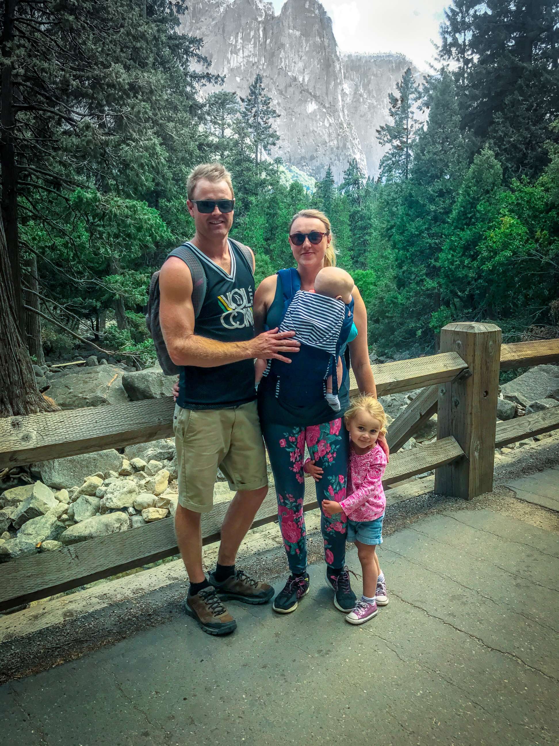 PHOTO: Karen Edwards and Shaun Bayes pose with their children, Esme and Quinn, at Yosemite National Park.