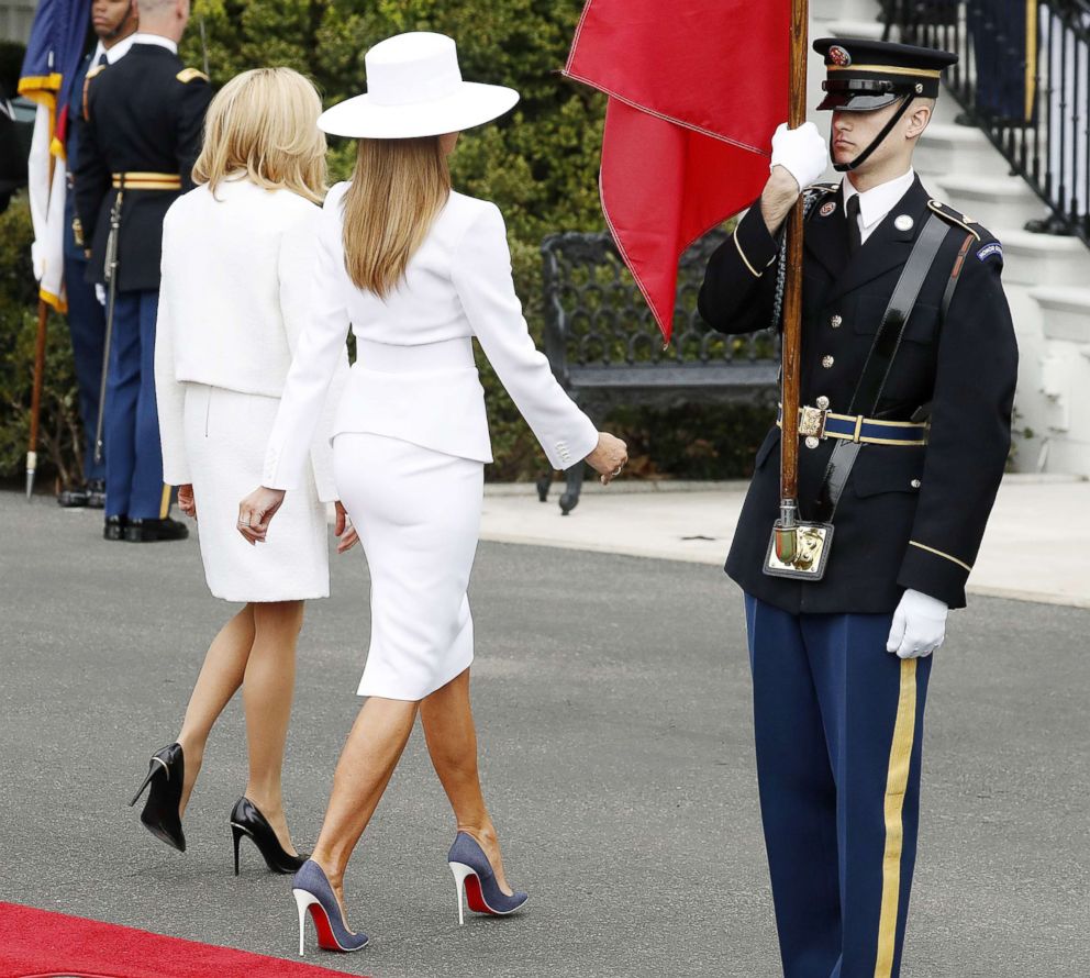 PHOTO: First Lady Melania Trump with French First Lady Brigitte Macron are pictured during an arrival ceremony at the White House, April 24, 2018.