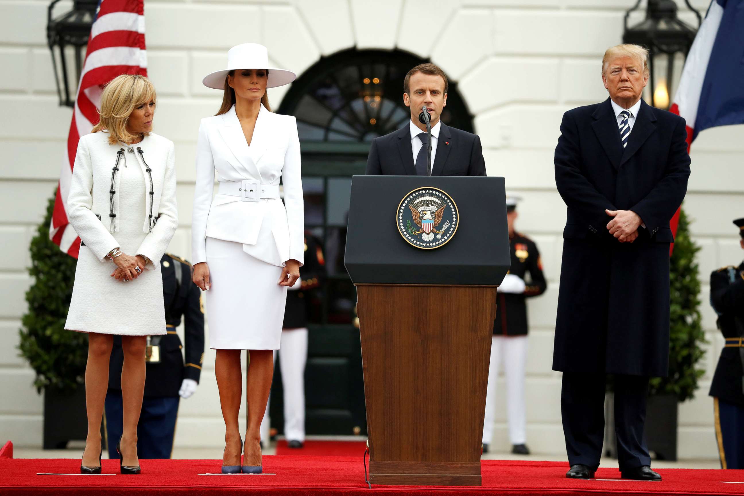 PHOTO: French President Emmanuel Macron speaks during an arrival ceremony at the White House, April 24, 2018. 