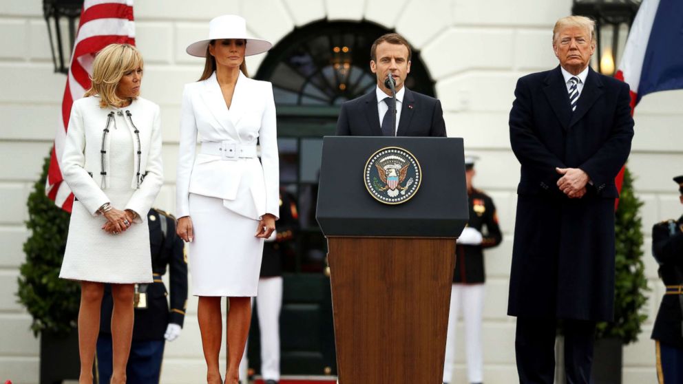 PHOTO: French President Emmanuel Macron speaks during an arrival ceremony at the White House, April 24, 2018. 