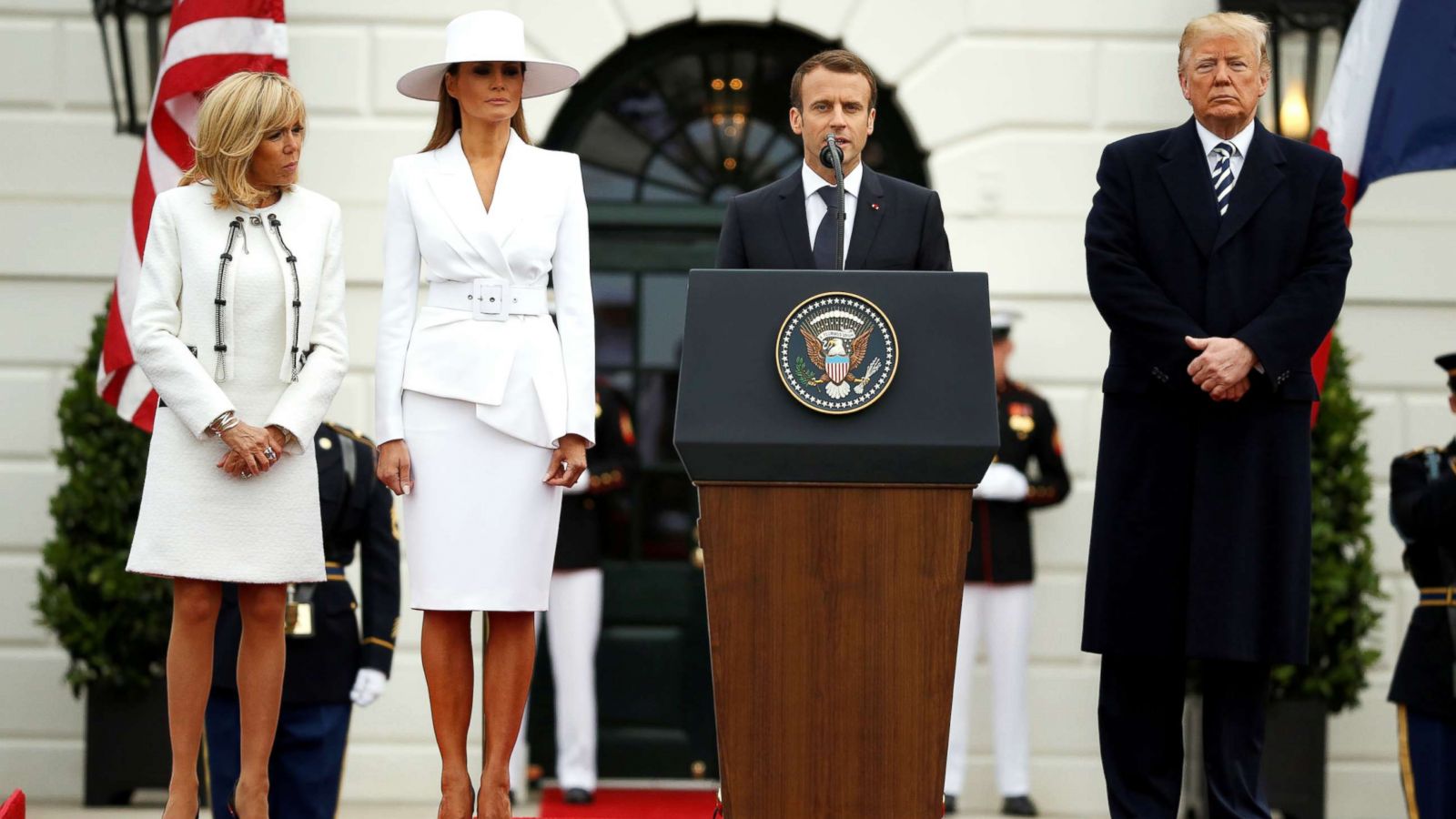 PHOTO: French President Emmanuel Macron speaks during an arrival ceremony at the White House, April 24, 2018.