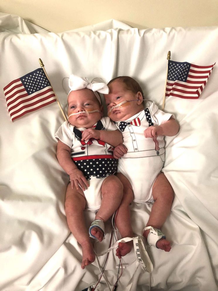 PHOTO: A set of twins celebrate their very first Independence Day at Advocate Children's Hospital in Downers Grove, Illinois.