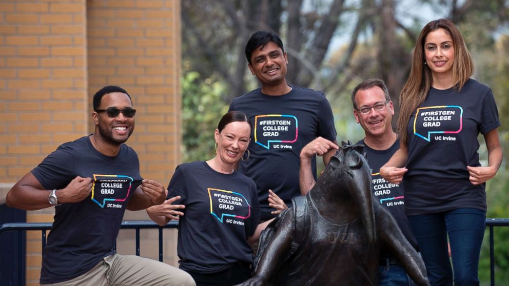 PHOTO: First generation graduates and UCI professors Anita Casavantes Bradford, Davin Phoenix, David Igler, Glenda Flores, and Manoj Kaplinghat pose together at the University of California Irvine.