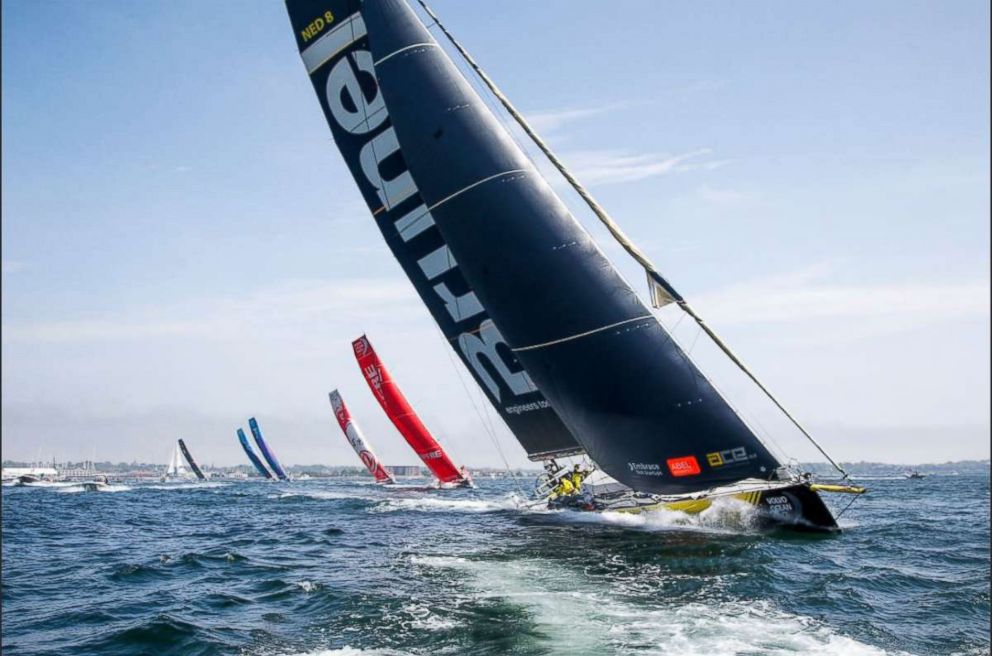 PHOTO: Team Brunel, with Abby Ehler and Nina Curtis as crew members, leads the fleet out of Newport, RI, on Leg 9 of the Volvo Ocean Race to Cardiff on May 20, 2018.
