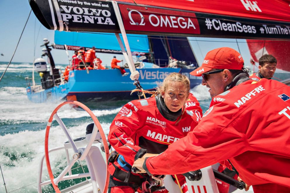 PHOTO: Sophie Ciszek and Blair Tuke trim during the race start for Leg 3, from Cape Town to Melbourne, on board MAPFRE on Dec. 10, 2017.