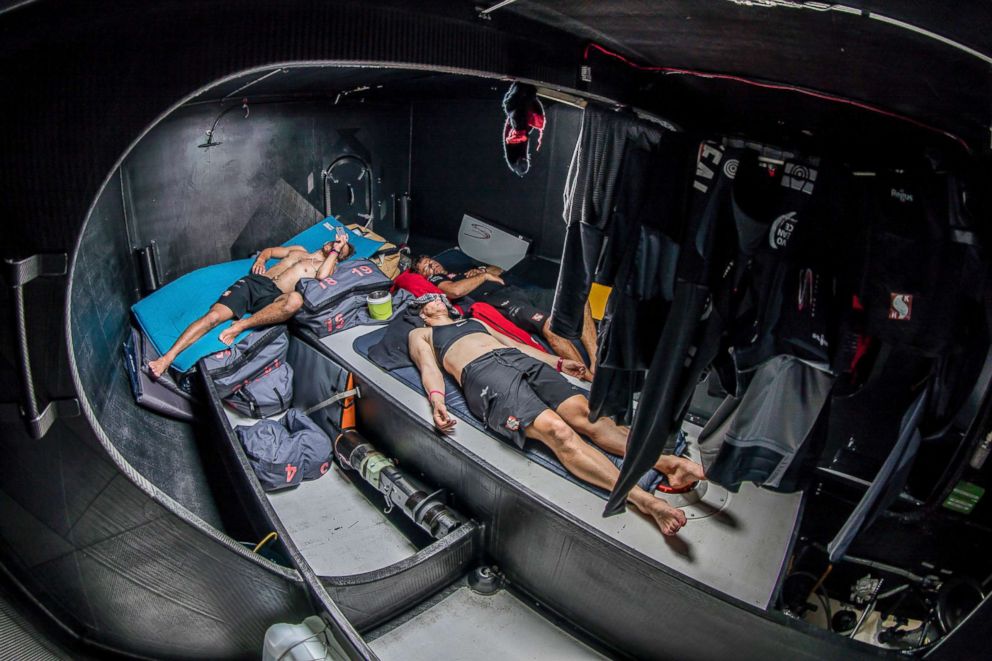 PHOTO: With light winds during Leg 6 to Auckland, crew members Alex Gough, Annemieke Bes and Antonio Fontes, get some rest on day 10 on board Sun hung Kai/Scallywag, Feb. 16, 2018.
