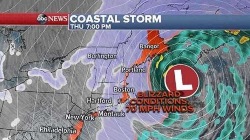 PHOTO: Throughout the day on Thursday the storm will continue to move north into New England where some of the heaviest snow and strongest winds are expected as the nor’easter is forecast to strengthen off the New England coast, Jan. 3, 2018. 