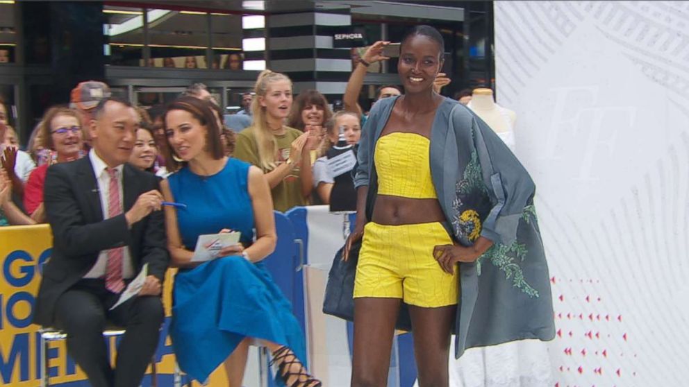 PHOTO: Thomas Jefferson University's team collaborated to create a yellow bandeau top and shorts combination accompanied by a blue kimono-style robe embellished with elaborate lace appliques. 