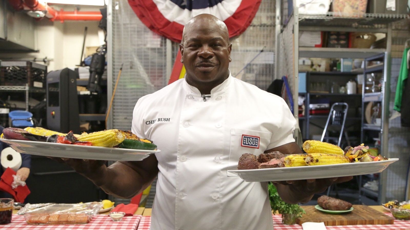 PHOTO: White House chef Andre Rush flexes his viral biceps for veterans this Fourth of July and dishes up some of his favorite dishes on the grill.