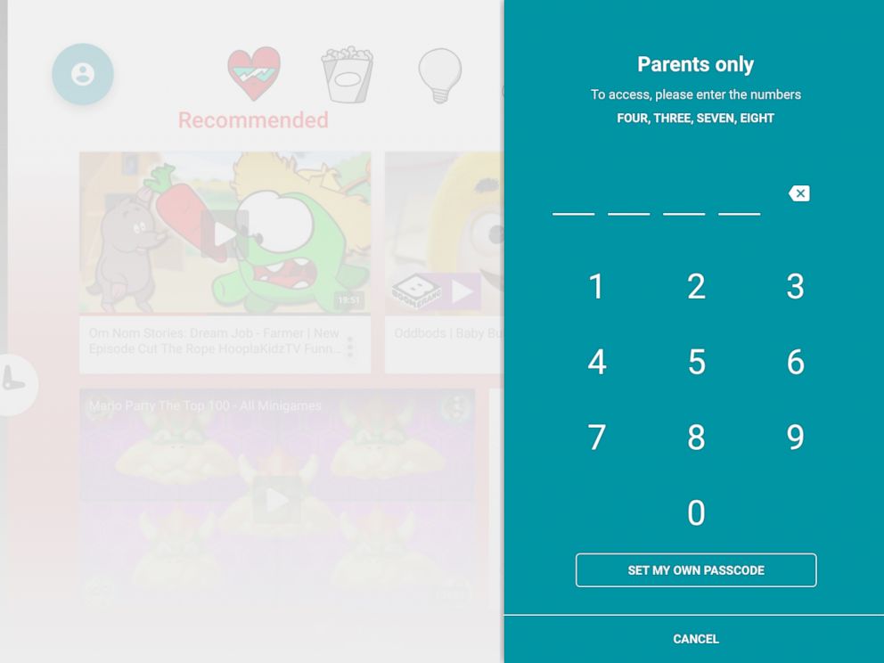 PHOTO: Parents set a passcode to control settings on the app YouTube Kids.