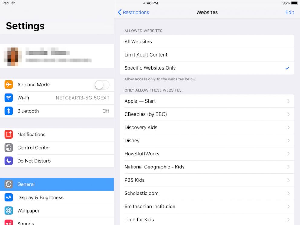 PHOTO: Under Websites, you can specific what websites your child has access to or block adult content.
