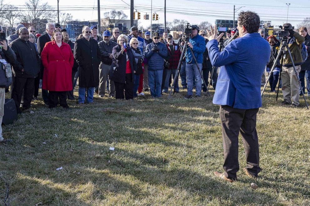 PHOTO: Congressman Andy Levin speaks as the United Auto Workers union holds a prayer vigil at General Motors' Warren Transmission plant to protest the planned closure of the facility, Feb. 22, 2019.