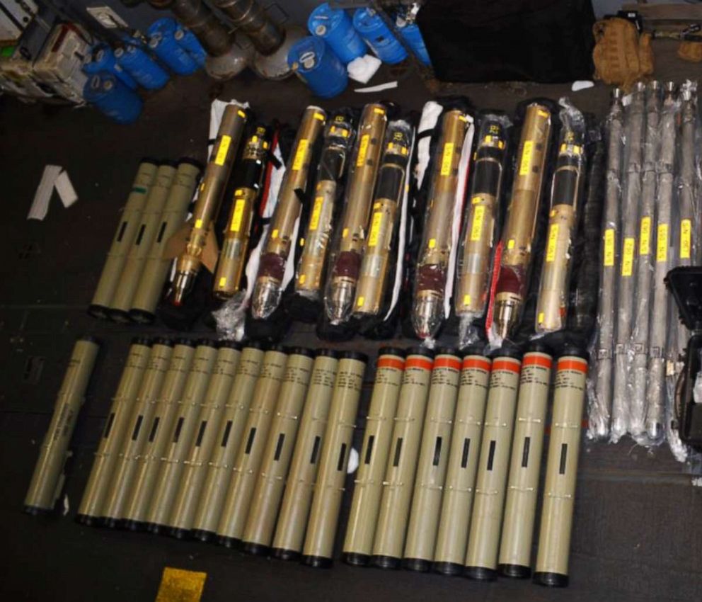PHOTO: An undated photo released by the State Department shows some of what are believed to be advanced Iranian missiles headed to Iranian-backed rebels in Yemen.