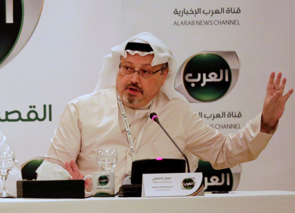 PHOTO: In this Dec. 15, 2014 file photo, Jamal Khashoggi, then general manager of a new Arabic news channel speaks during a press conference, in Manama, Bahrain.