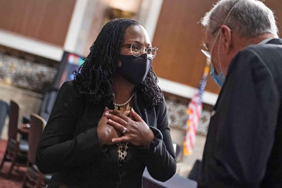 PHOTO: Ketanji Brown Jackson, nominee to be U.S. Circuit Judge for the District of Columbia Circuit, greets Sen. Chuck Grassley before her Senate Judiciary Committee confirmation hearing in Washington, D.C., April 28, 2021.