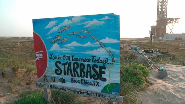 A sign for Starbase highlights SpaceX's ambition to reach Mars.