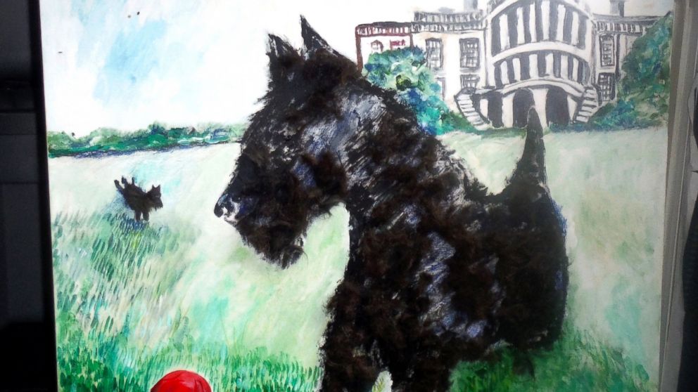 PHOTO: A portrait of Barney Bush, made with his own hair. Barney was a Scottish terrier owned by President George W. Bush's family, seen here with his favorite red ball, and painted by Claire McLean, owner of the Presidential Pet Museum.