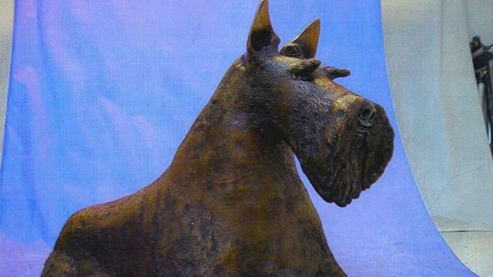 A life-size bronze of Barney Bush, Scottish terrier belonging to President George W. Bush's family, with his red ball. The statue weighs 82 pounds and was sculpted by Richard Chashoudian.