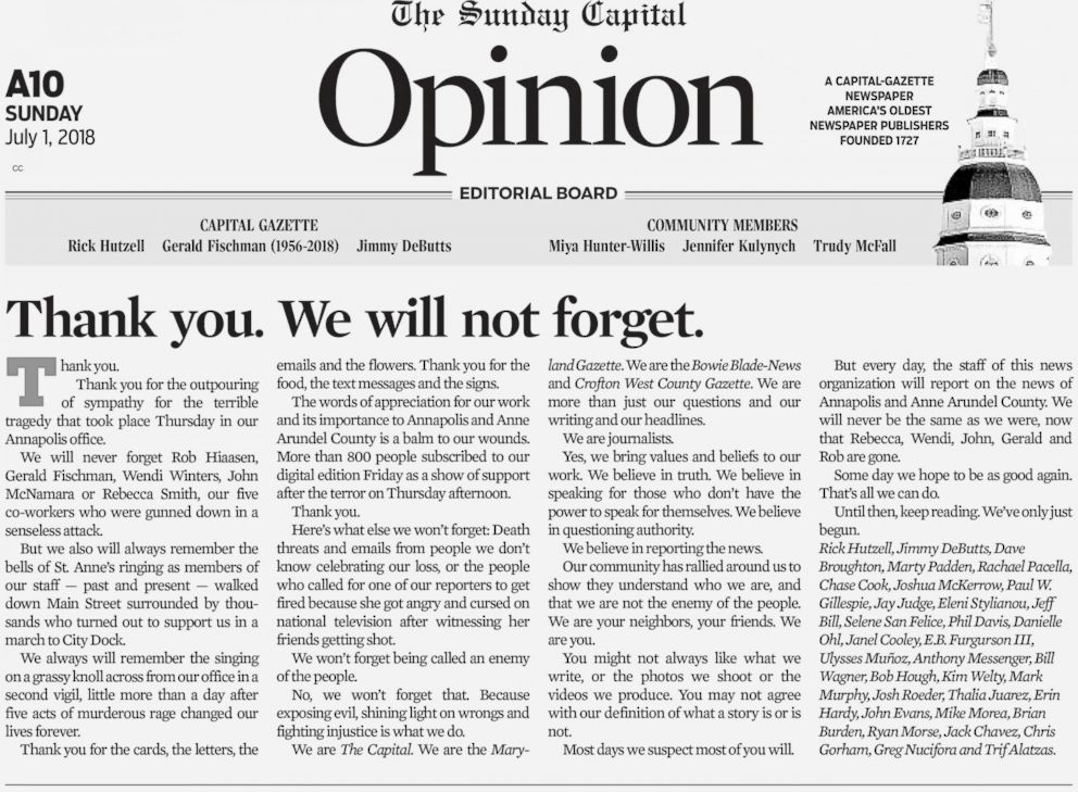 PHOTO: The opinion section of the Capital Gazette, July 1, 2018.