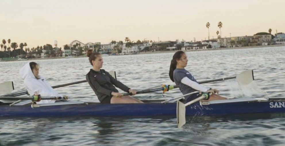 PHOTO: Heather Hodlin, 25, from San Diego, practices rowing with her teammates in February 2019.