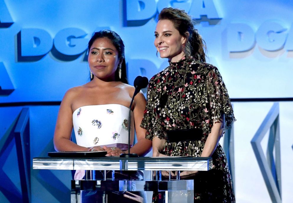 PHOTO: Marina de Tavira speaks onstage while Yalitza Aparicio looks on during the 71st Annual Directors Guild Of America Awards on Feb. 02, 2019, in Hollywood, Calif.