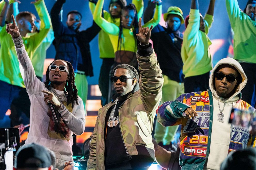 PHOTO: Migos band members Quavo (left), Offset (center), and Takeoff (right) are pictured during the 2022 NBA All-Star at Rocket Mortgage Field House, Feb. 9, 2022. 