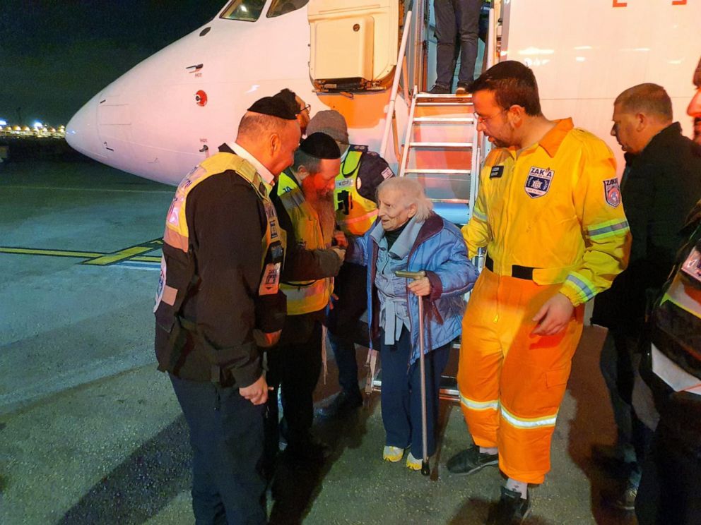 PHOTO: A 100-year-old Holocaust survivor is seen arriving to Israel after she was evacuated from Ukraine late last week by Zaka, an Israeli-based organization working to rescue Holocaust survivors from the region.