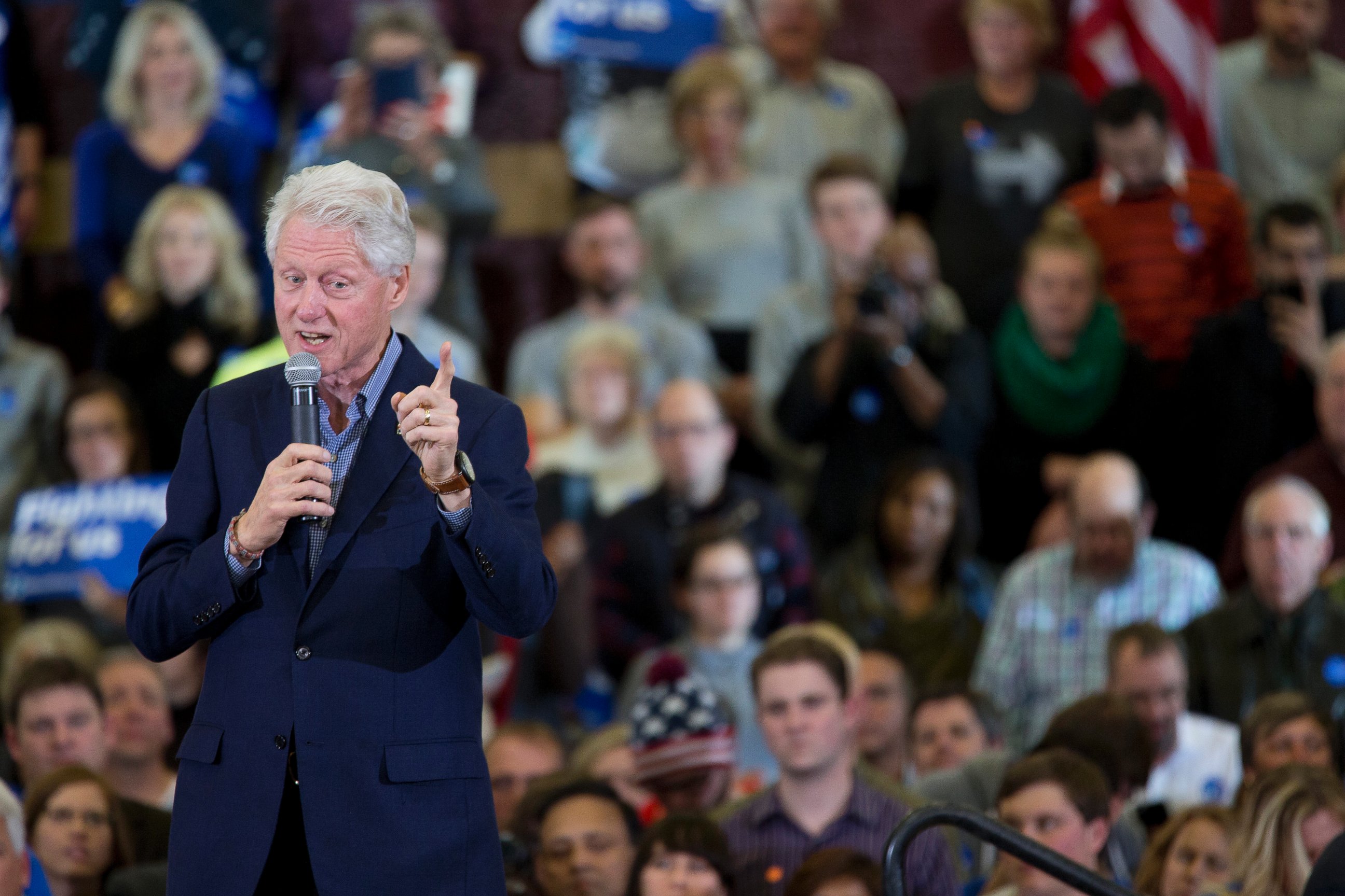 PHOTO: Bill Clinton introduces Democratic presidential candidate Hillary Clinton during a rally at Abraham Lincoln High School,  Jan. 31, 2016, in Des Moines, Iowa. 