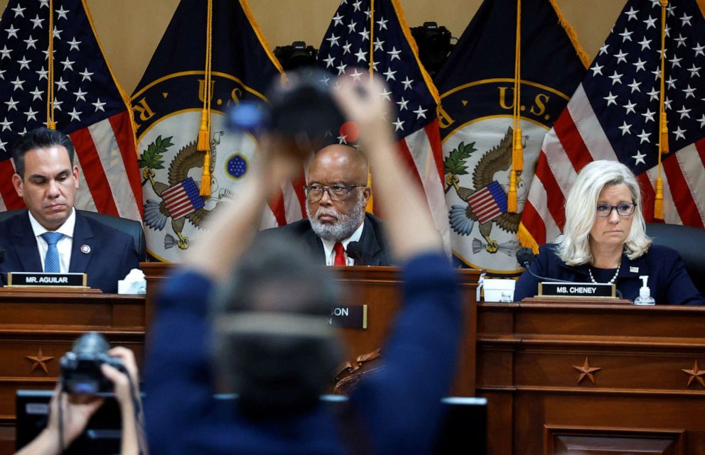 PHOTO: U.S. Representative Pete Aguilar, Committee Chairperson Rep. Bennie Thompson and Committee Vice Chair Rep. Liz Cheney, attend a public hearing to investigate the Jan. 6 Attack on the US Capitol, on Capitol Hill in Washington, June 16, 2022.