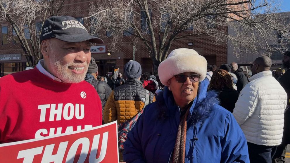 PHOTO: Philip Pannell, executive director of the Anacostia Coordinating Council, and Rev. Dr. Wanda Thompson of the Ambassador Baptist Church discuss the annual Martin Luther King Jr. Day peace walk and parade in Washington, D.C., on Jan. 16, 2023.