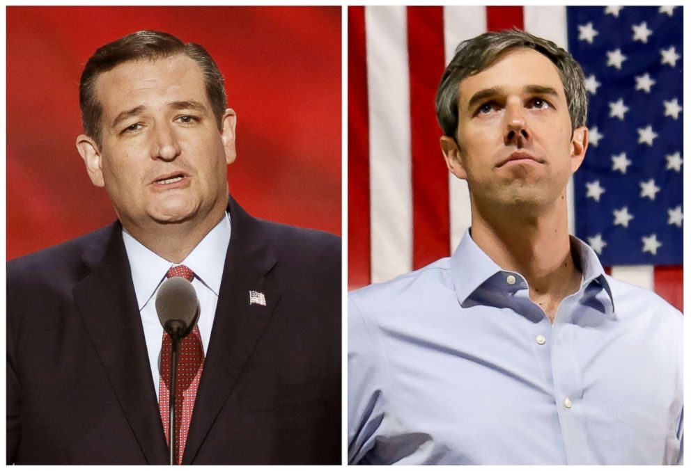 PHOTO: Senator Ted Cruz speaks at the Republican National Convention in Cleveland, July 20, 2016, and U.S. Representative Beto O'Rourke campaigns in Houston, Nov. 11, 2017 in this combination photo.