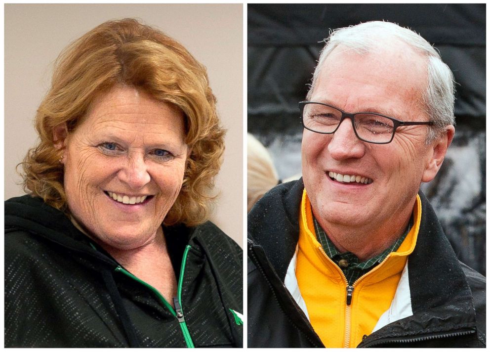 PHOTO: This combination of file photos shows North Dakota U.S. Senate candidates in the November 2018 election from left, incumbent Democratic Sen. Heidi Heitkamp and her Republican challenger Kevin Cramer.