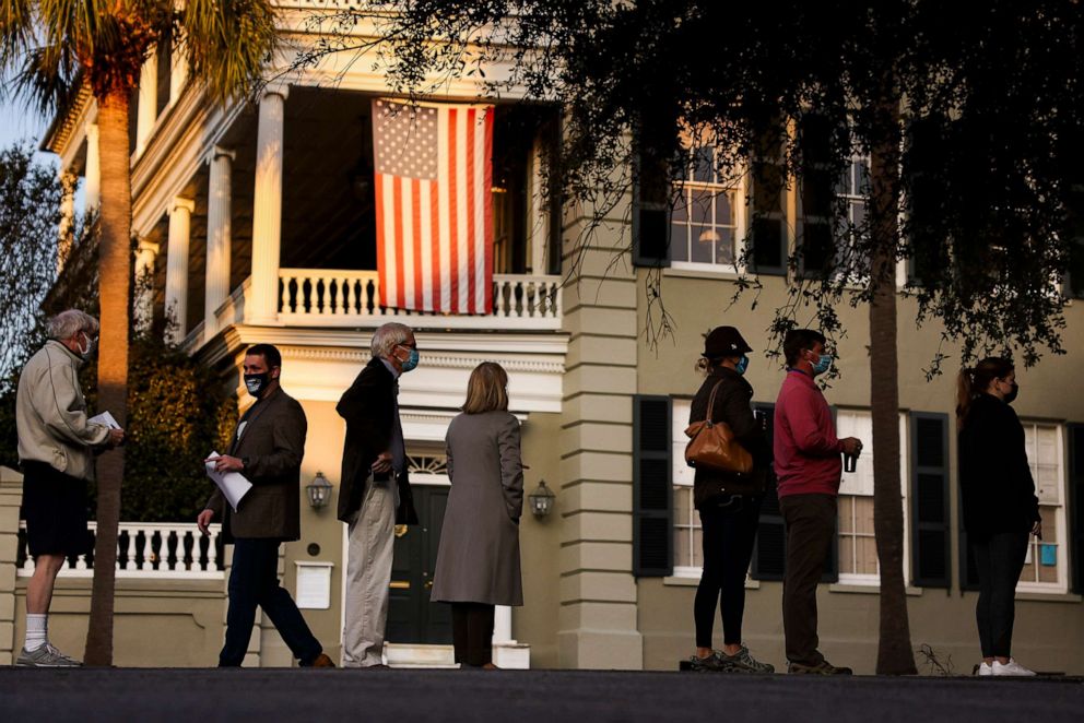 PHOTO: People line up to vote at the Hazel Parker Playground on Election Day in Charleston, N.C., Nov. 3, 2020.