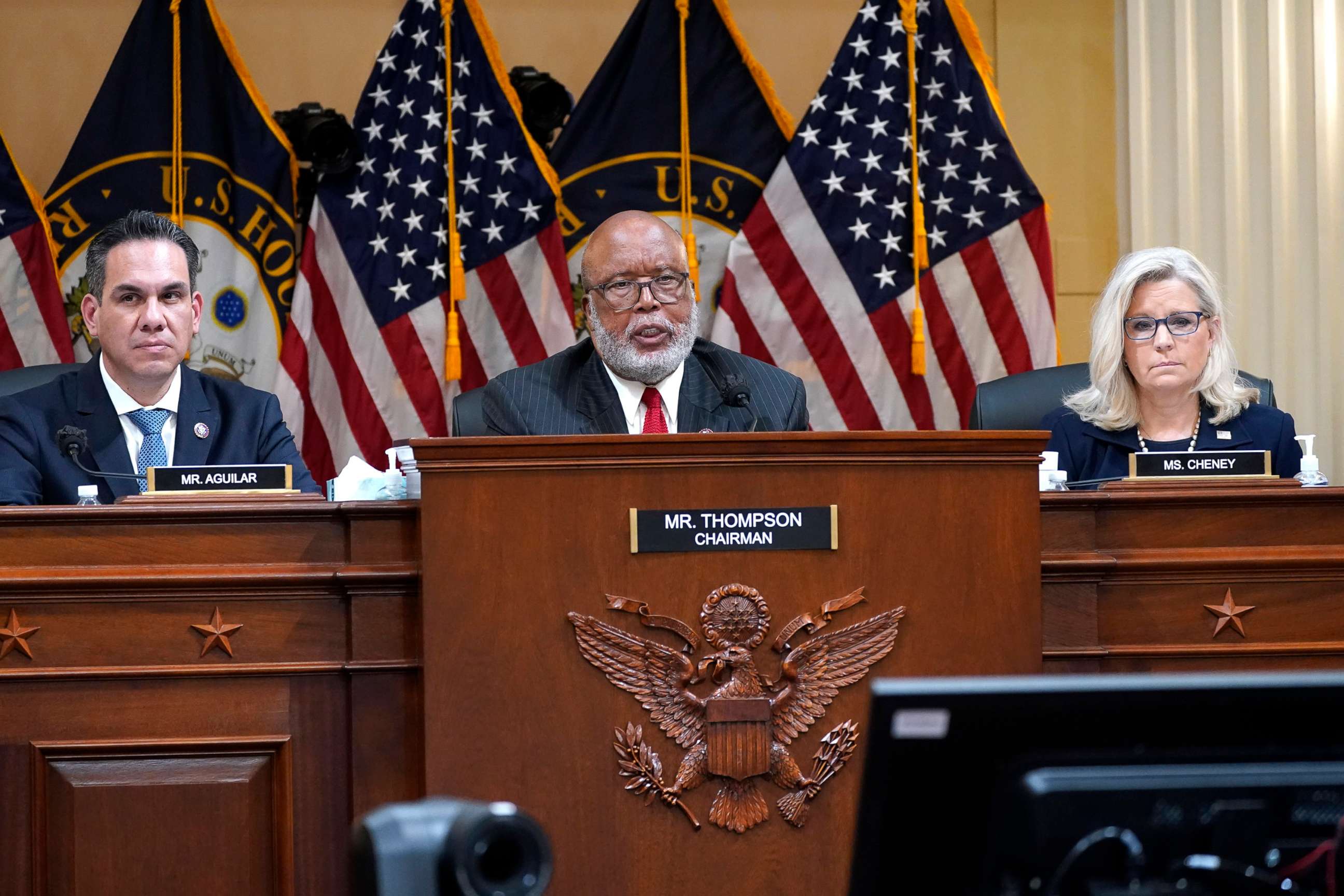 PHOTO: Committee Chairman Rep. Bennie Thompson speaks as Rep. Pete Aguilar, Vice Chair Liz Cheney, listen, as the House select committee investigating the Jan. 6, 2021, attack on the Capitol holds a hearing in Washington, June 16, 2022.