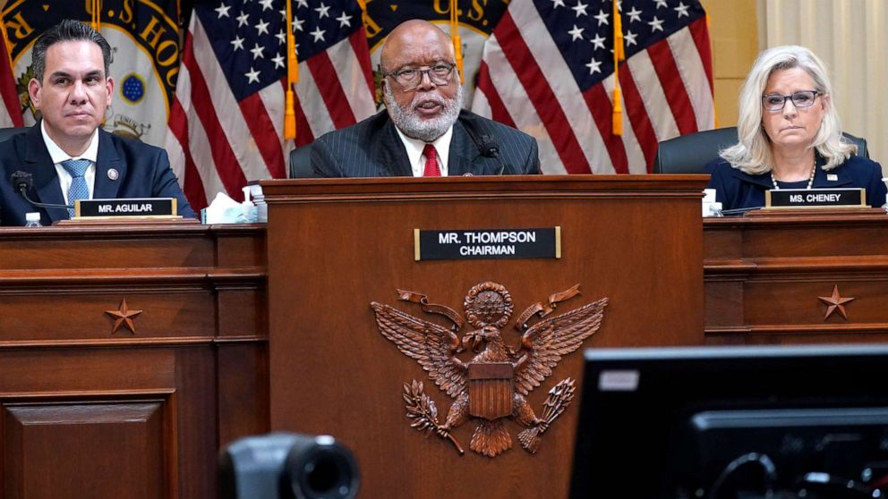 PHOTO: Committee Chairman Rep. Bennie Thompson speaks as Rep. Pete Aguilar, Vice Chair Liz Cheney, listen, as the House select committee investigating the Jan. 6, 2021, attack on the Capitol holds a hearing in Washington, June 16, 2022.