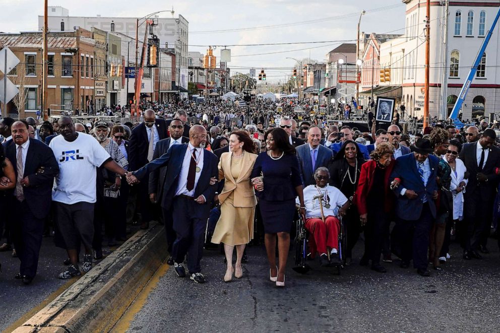 PHOTO: Vice President Kamala Harris marches on the Edmund Pettus Bridge after speaking on the anniversary of "Bloody Sunday," in Selma, Ala., March 6, 2022.
