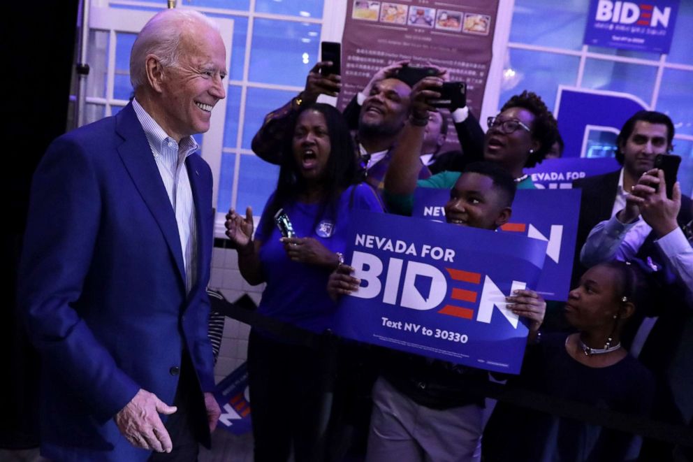 PHOTO: LAS VEGAS, NEVADA - FEBRUARY 18: Former Vice President Joe Biden arrives at an Early Vote Event with Joe Biden and AAPI Victory Fund at Harbor Palace Seafood Restaurant at Chinatown Plaza Mall February 18, 2020 in Las Vegas, Nevada. 