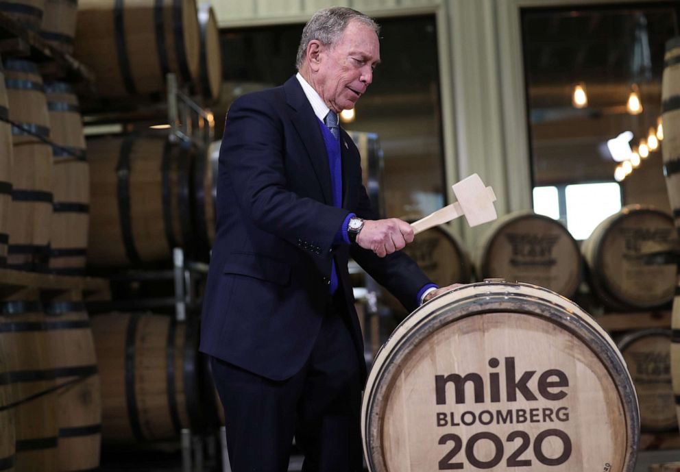 PHOTO: CLARKSVILLE, TN- FEBRUARY 28: Democratic presidential candidate Mike Bloomberg uses a mallet to seal a barrel of bourbon that is named after him as he visits the Old Glory Distilling Company on February 28, 2020 in Clarksville, Tennessee. 