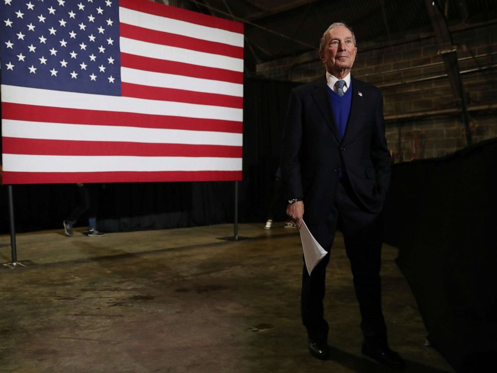 PHOTO: BLOUNTVILLE, TN - FEBRUARY 28: Democratic presidential candidate, former New York City mayor Mike Bloomberg waits to be introduced to speak during a rally held at the Tri-City Aviation on February 28, 2020 in Blountville, Tennessee. 