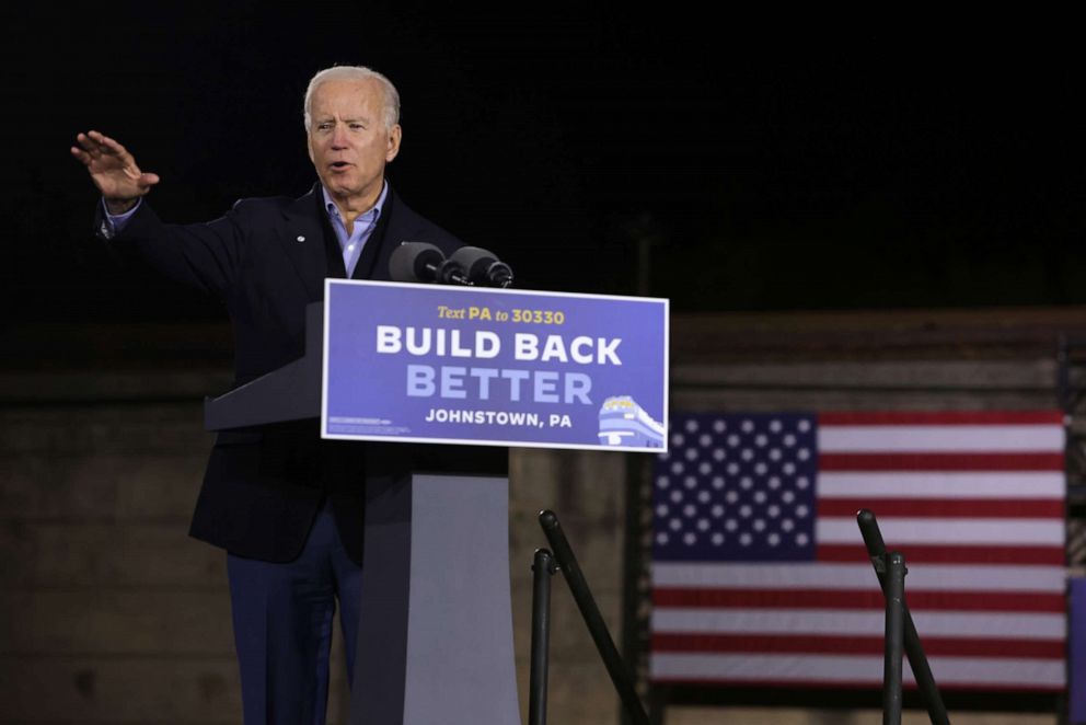 PHOTO: Democratic presidential nominee Joe Biden speaks during a campaign stop outside Johnstown Train Station Sept. 30, 2020, in Johnstown, Penn.