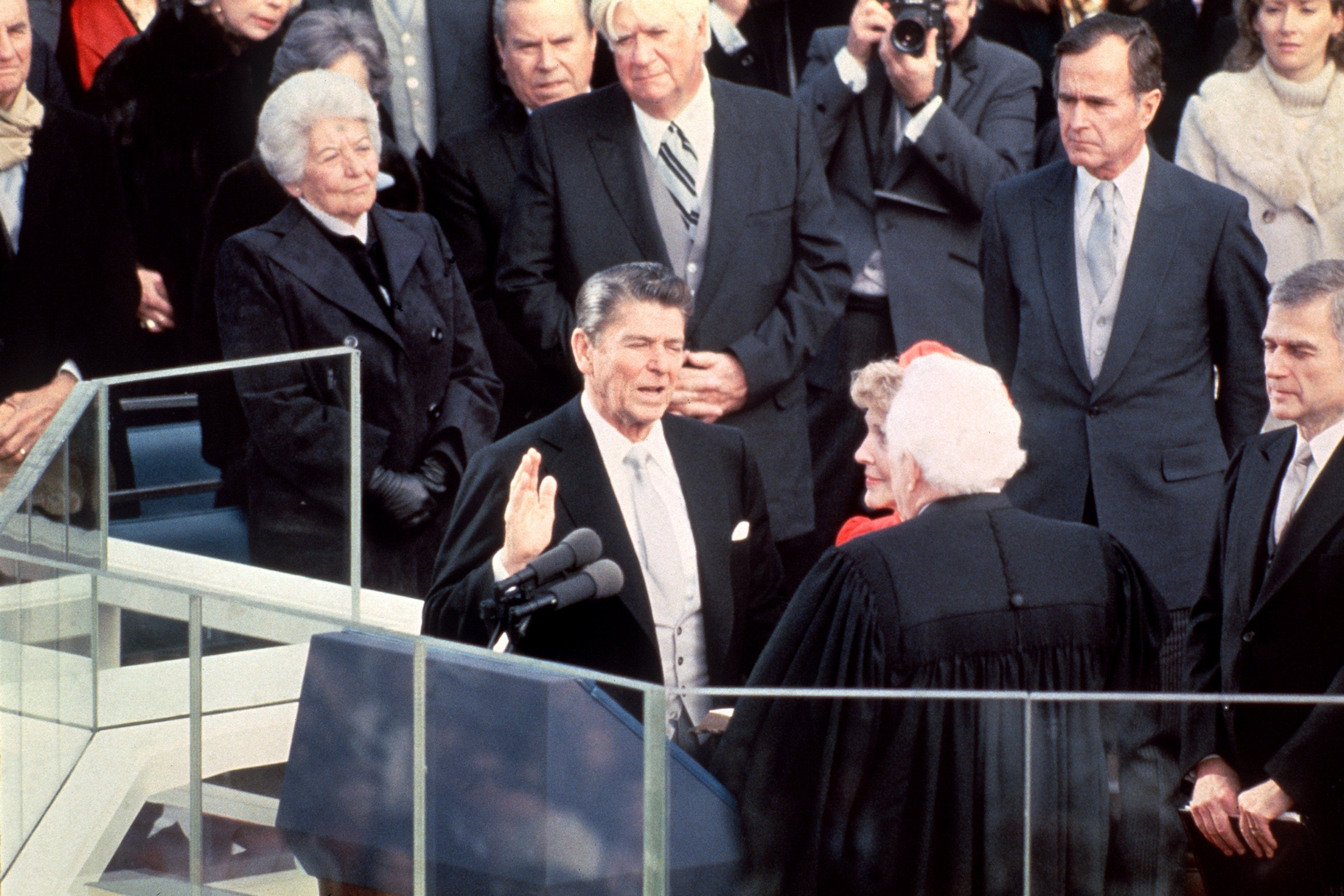 PHOTO: President Ronald Reagan is sworn in as 40th President of the United States by Chief Justice Warren Burger beside his wife Nancy Reagan during inauguration ceremony, on Jan. 20, 1981 at the Capitol in Washington, D.C.