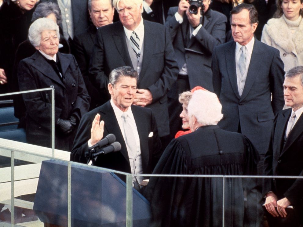 PHOTO: President Ronald Reagan is sworn in as 40th President of the United States by Chief Justice Warren Burger beside his wife Nancy Reagan during inauguration ceremony, on Jan. 20, 1981 at the Capitol in Washington, D.C.