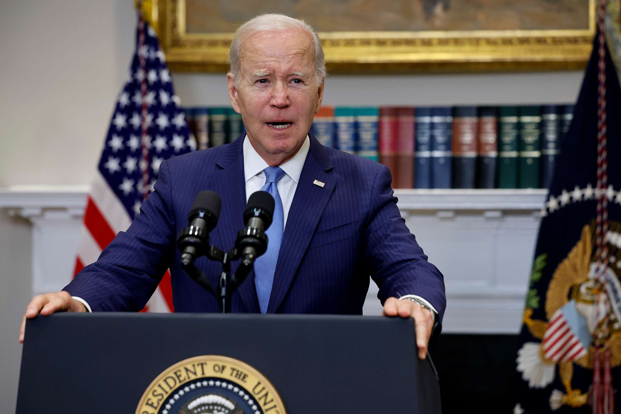 PHOTO: President Joe Biden delivers a brief update of the ongoing negotiations over the debt limit in the Roosevelt Room at the White House, May 17, 2023, in Washington.